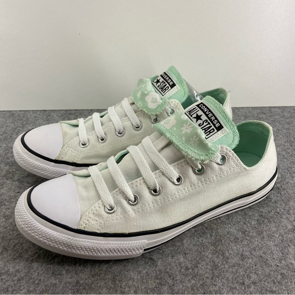 Converse Double Tongue White Low Tops With Mint Green Floral Accents Size 5 - Picture 1 of 13